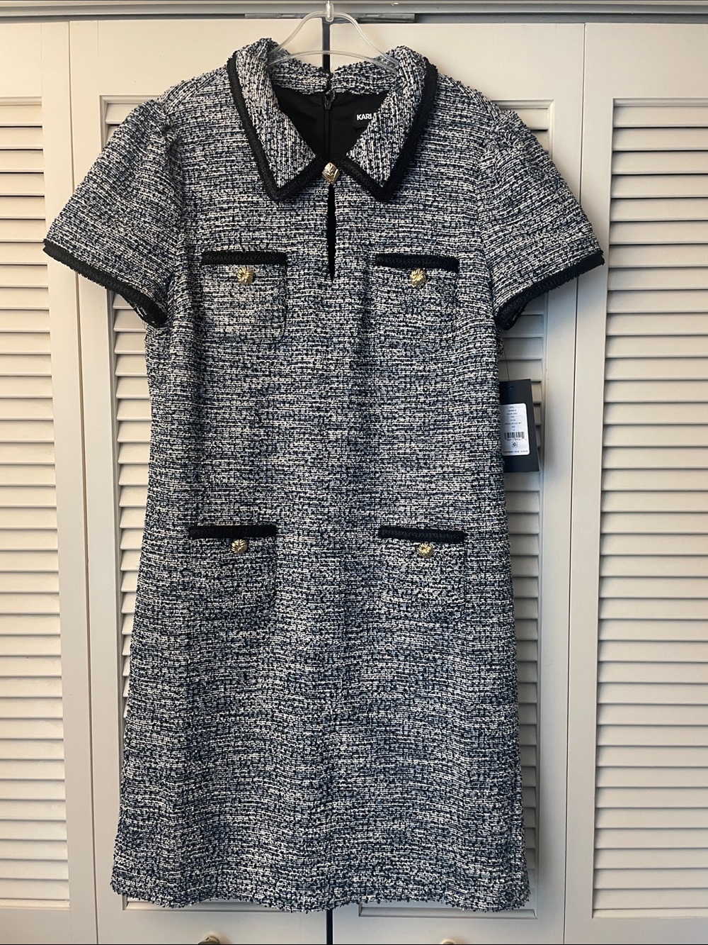 NWT Karl Lagerfeld Tweed knit short sleeve shirt dress Sz 16 Black, white, blue